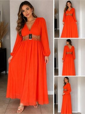 New UOOZEE Elegant Orange Dress with Gold Embellishments Size L